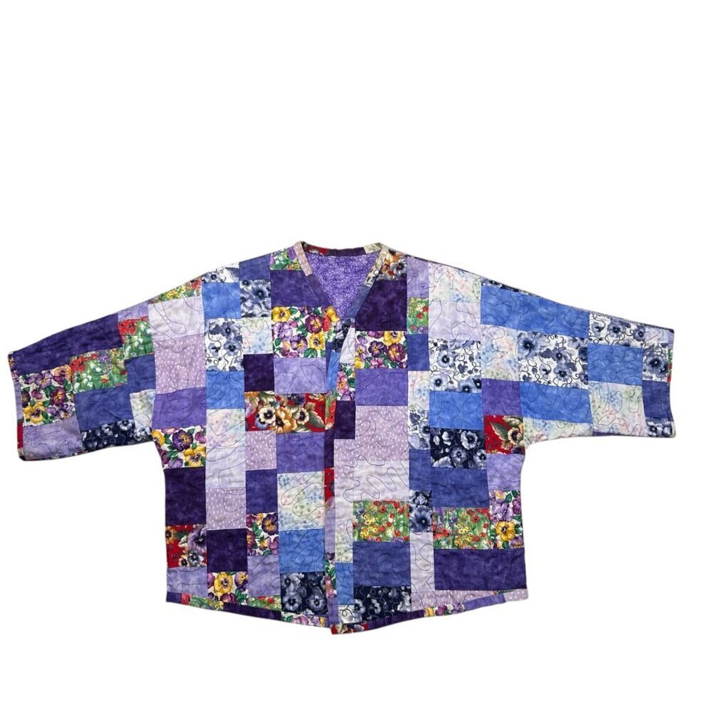 Handmade Quilted Patchwork Kimono Jacket L Purple Floral 3/4 Sleeve Cottagecore